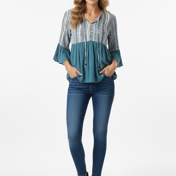 easel Tops - Easel Teal Blue Boho Blouse- Medium
